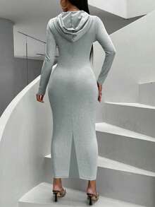 Vestido gris ajustado con capucha y cremallera para mujer - Gris Claro - Ver 6