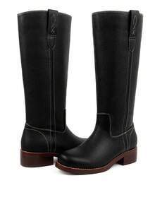 Women Campus Knee High Boots Square Toe Riding Boots Vintage Pull On Riding Boots Wide Calf Boots Chunky Block Low Heel Moto Boots - 黑色 - 查看 5