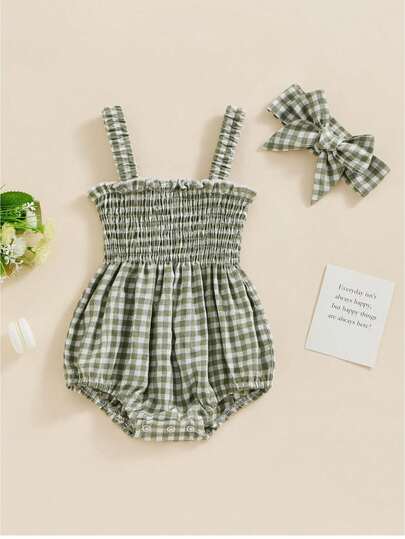 Baby Girls 2Pcs Summer Outfits, Sleeveless Frill Smocked Strap Romper With Headband Set