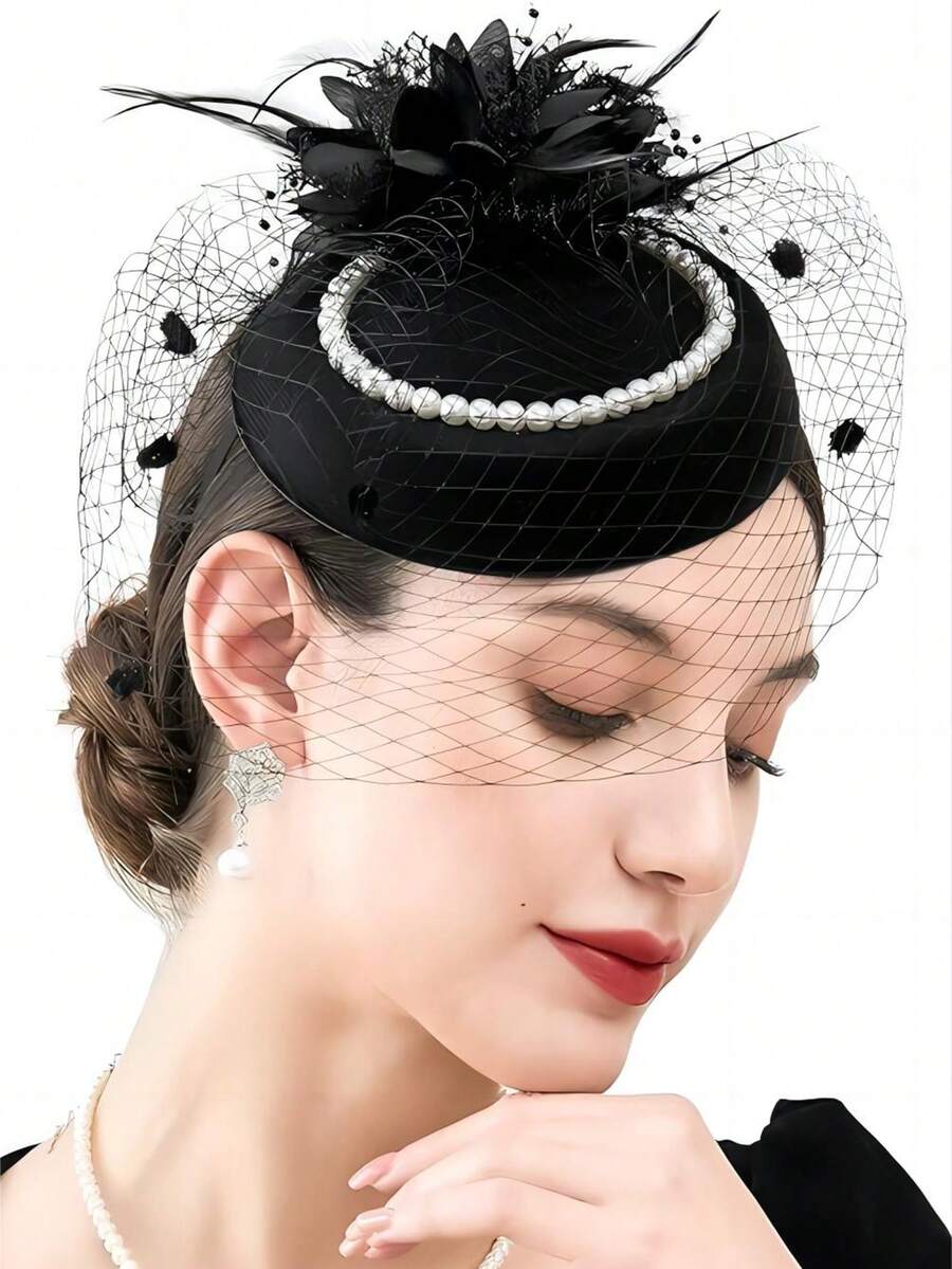 1 件装女士小礼帽，药盒帽，20 年代、30 年代、50 年代复古风格，圆顶礼帽，花朵面纱，适合婚礼、茶会等场合，迷你礼帽，德比帽，迷你小礼帽，迷你高顶礼帽 - 黑色 - 查看 1