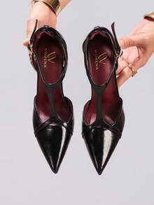 女士时尚黑色高跟鞋，性感尖头，优雅镂空细高跟，适合派对、宴会等场合，红底高跟鞋 - 黑色 - 查看 4