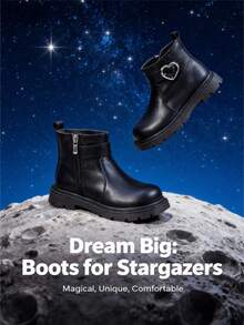 1 双时尚女童皮靴，儿童黑色踝靴，幼儿白色校鞋，心形扣和侧拉链设计，适合秋冬季假期和日常穿着