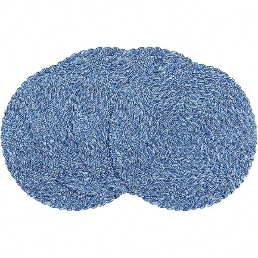 15 Inch Round Braided Placemats Set Of 4, Washable Heat Resistant Cotton Polyester Circle Boho Place Mats For Kitchen Dining Table - Seascape Blue,26584013 - 藍色 - 查看 1