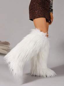 女士冬季过膝雪地靴保暖蓬松内衬防水毛绒保暖内衬时尚雪地靴 - 白色 - 查看 6