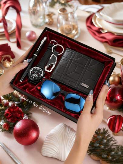 5pcs Men Classic Minimalist Casual Stylish PU Leather Watch, Wallet, Keychain, Glasses, Ballpoint Pen Combination Set, Suitable For Various Occasions, Essential For Halloween/Christmas/Birthday, Perfect Gift For Boyfriend/Dad