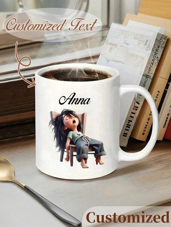 11oz Personalized Coffee Mug - Customizable Name Ceramic Cup, Cute Slouchy Girl Design, Dishwasher & Microwave , Leak-Proof, Suitable For Hot & Cold Drinks, Great For Office, Home, Birthday, Christmas Gift, Coffee Shop, Durable Illustration