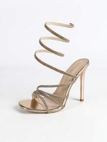 女士时尚性感香槟色亮片水钻装饰踝带超高跟凉鞋，魅力四射的夜店T台模特晚宴派对户外活动细高跟鞋，4.4英寸，春夏装扮 - 香檳色 - 查看 7