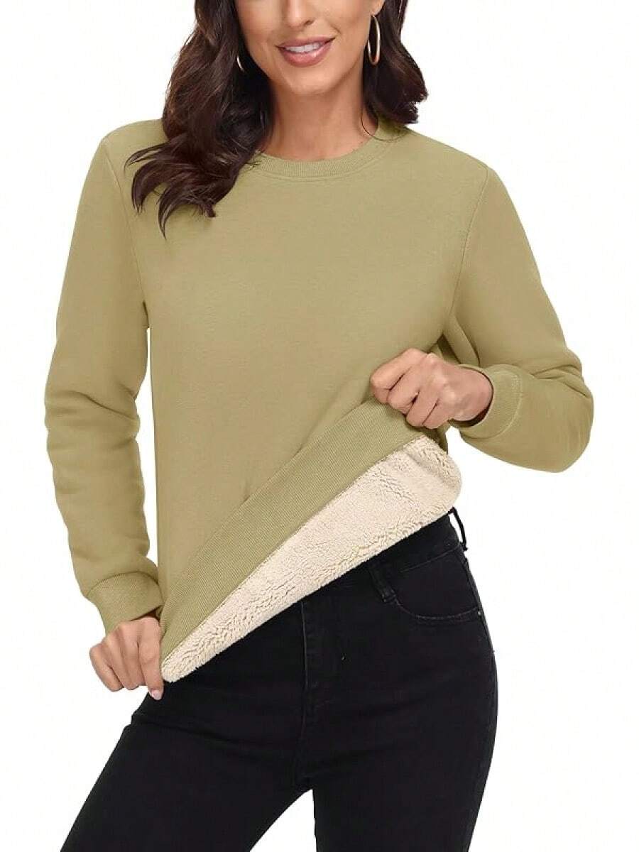 MAGCOMSEN Sudadera Térmica con Forro de Sherpa para Mujer, con Cuello Redondo, Forro Polar, Cálida Y Gruesa - Caqui - Ver 1