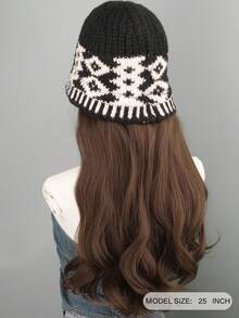 二合一针织帽配长卷发假发，女士假发帽，带假发的帽子，冬季保暖无缝发饰 - 彩色 - 查看 6