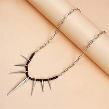 Vintage Hip Hop Spike Pendant Necklace - Fashion Alloy Gothic Rivet Beaded Chain, Bohemian Style Clavicle Choker For Party - 黑色 - 查看 6