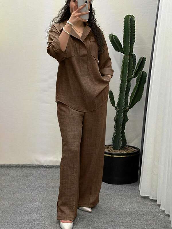 Conjunto de 2 piezas de unicolor casual con bolsillo y botones delanteros, para uso diario, primavera/otoño