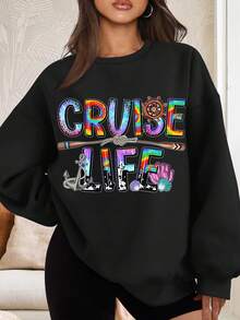 Cruise Life Tie Dye Print Crewneck Sweatshirt Set Women Nautical Theme Anchor Shell Oar Design Long Sve Casual Outfit For Vacation Beach Travel Summer Wear - 黑色 - 查看 1