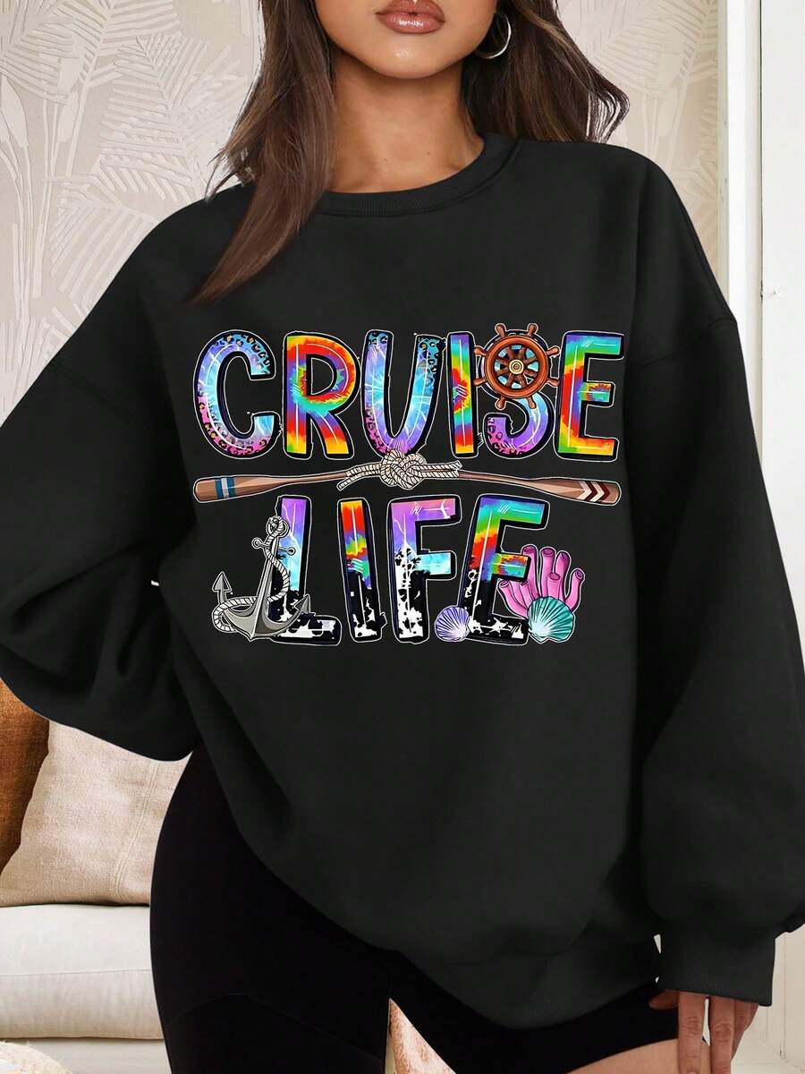 Cruise Life Tie Dye Print Crewneck Sweatshirt Set Women Nautical Theme Anchor Shell Oar Design Long Sve Casual Outfit For Vacation Beach Travel Summer Wear - 黑色 - 查看 1