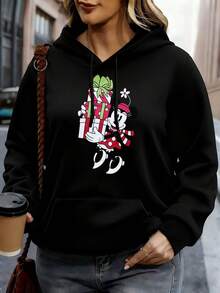 Disney Women Hoodie White Minnie Mouse Holding Gift Box Print Casual Winter Outwear - 黑色 - 查看 1