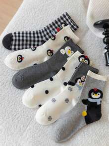 5 Pairs Women's Cute Cartoon Penguin Patterned Breathable Mid-Calf Socks, Fashion & Comfy