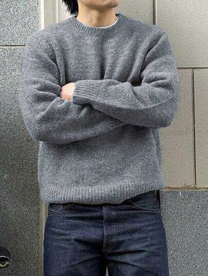 LOOKUN 秋冬男女通用简约小众设计休闲街头风宽松纯色圆领套头毛衣，长袖针织上衣