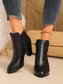 女士冬季真皮高跟踝靴，西部风格侧拉链，假日木纹粗跟，优雅棕/黑色靴子