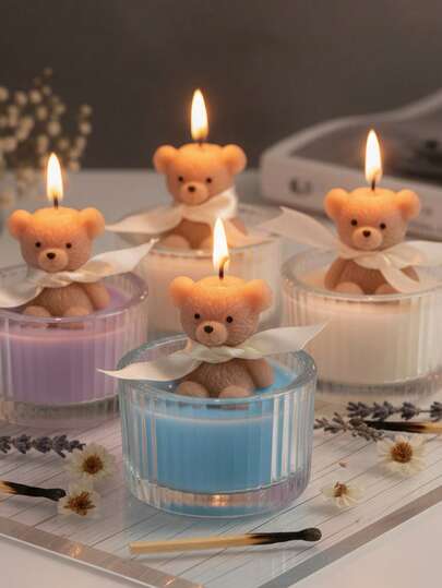 1/4pcs Luxury Teddy Bear Glass Jar Candles | Cream Color Soy Wax (White/Blue/Pink) With Ribbon | Fragrant Home Decor, Unique Gift For Women/Teens Birthday, Lovely Bridal Shower And Holiday Favor
