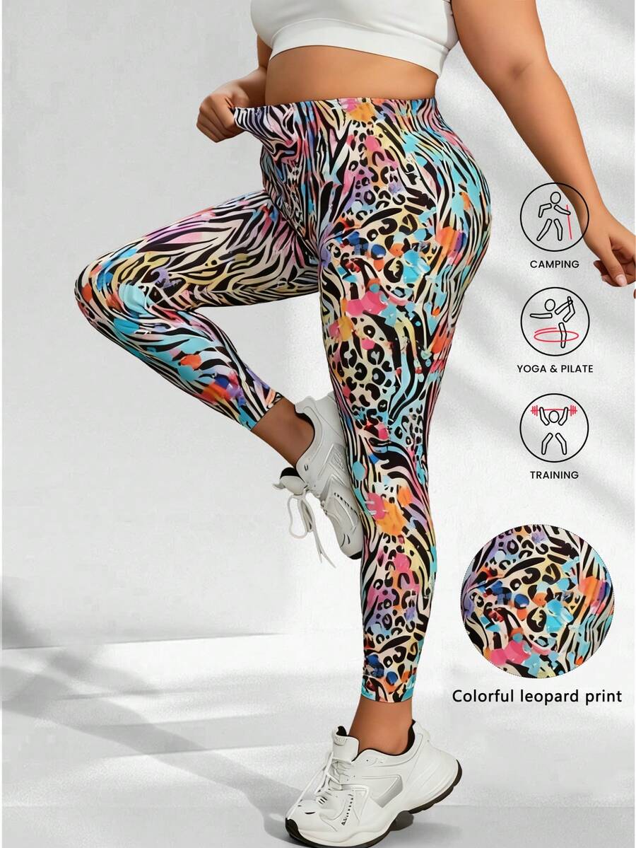 Plus Women's Colorful Leopard Print Bodycon Yoga Workout Leggings,Spring/Summer Plus Size Sports Pants