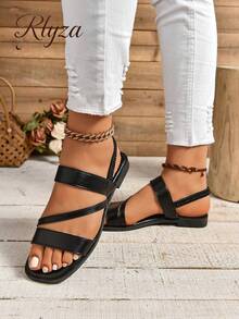 2 种穿法半透明绑带夏季休闲时尚百搭女士皮革平底凉鞋 - 黑色 - 查看 3