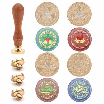 Wax Seal Set With Rosewood Handle, Featuring Bell Motifs And "MERRY CHRISTMAS","HAPPY NEW YEAR" Inscriptions. Vintage-Style Removable Wooden Grip, Ideal For Sealing Christmas Cards, New Year Invitations, And Gift Packaging.