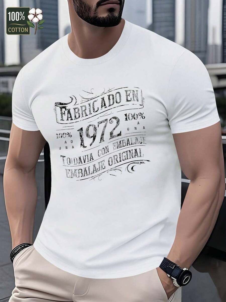 Camiseta gráfica vintage para hombre 1972 - Algodón, camiseta casual de manga corta con diseño "FABRICADO EN 50,09 metros", color beige, perfecta para el verano, camiseta de uso diario | Camisa estilo vintage | Ajuste cómodo