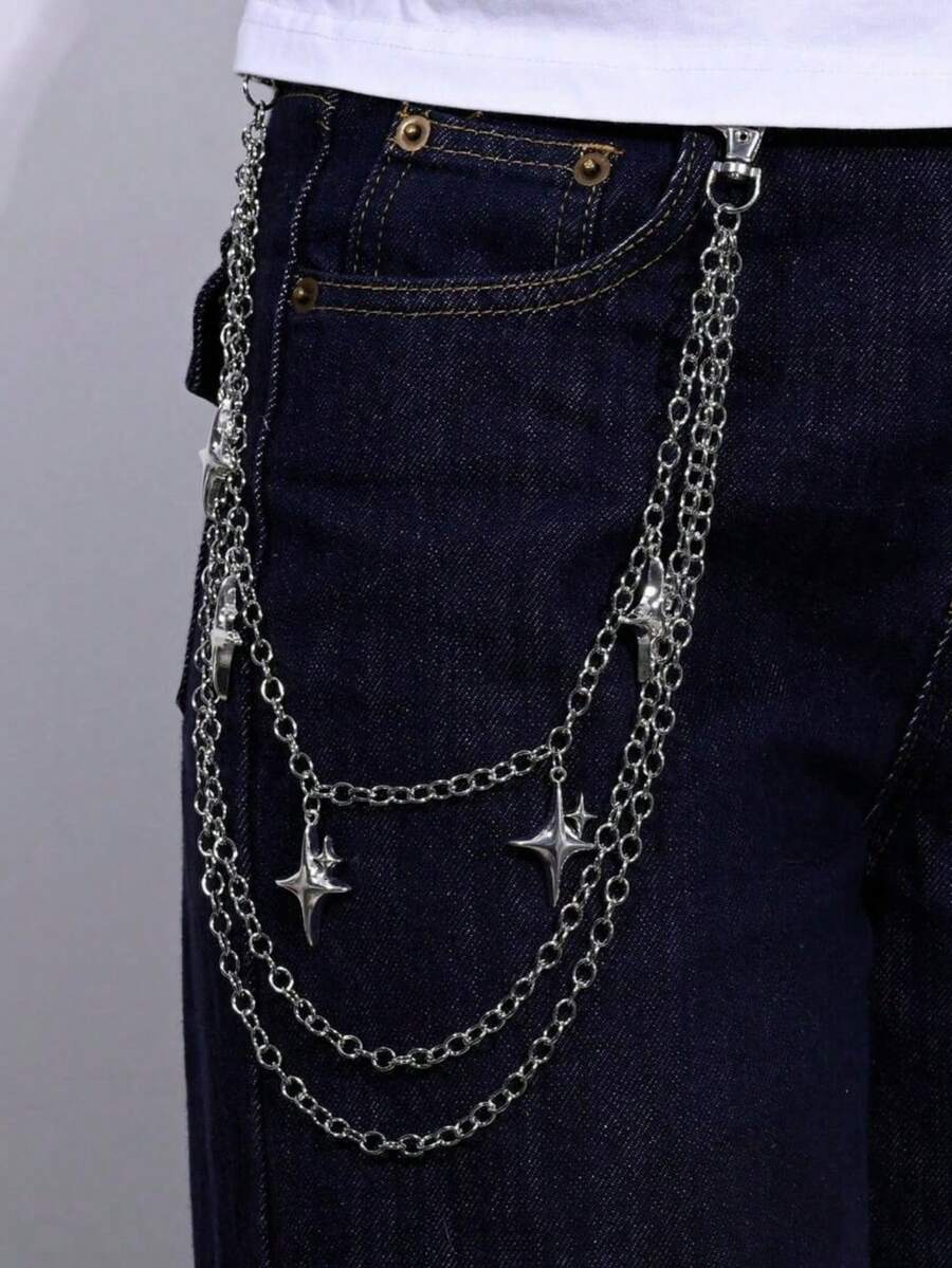 1 قطعة سلسلة بنطلون بتصميم جمجمة بنمط بانك متعدد السلاسل، إكسسوار شارع هيب هوب حاد - فضي - مشاهدة 1