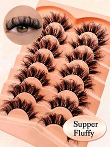 7 Pairs Fluffy Cat-Eye Lashes D Curl Russian Strip False Eyelashes Cat Eye Lashes Natural Look Fluffy Faux Mink Lashes Volume Wispy Long Foxy Eye Lifting Look Fake Eyelashes - 黑色 - 查看 5