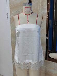 Women Satin Lace Trim Strapless Tube Tops Flowy Silk Backless Sleeveless High Low Tank Tops Boho Layering Bustier Top - trắng - Xem 8