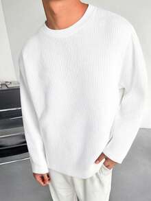 1pc Men's V-Neck Ribbed Knit Sweater Long Sleeve T-Shirt, Knitted Fabric, Casual Style, Elegant Old Money Vibe, Textured Fabric With Comfortable Drape, Pill-Resistant And Non-Deforming, Minimalist Design With Hidden Details - White - View 3