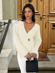 Apricot V-Neck Gold Button Long Sleeve Y2K Knit Cardigan For Women, Elegant Slim Fit Versatile Daily Commute Outings Spring Autumn Winter Sweater - Small White Apricot - View 5