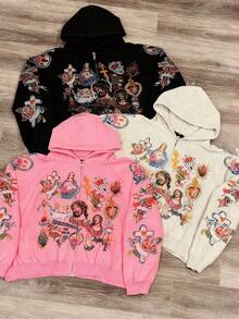 Jesus Printed Hoodie For Men Y2k Zipper Hoodie Harajuku Thin Kawaii Retro Streetwear - 黑色 - 查看 4