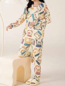 AICJ 2pcs/Set Women Cartoon Bear Print Casual Sleepwear Set, Long Sleeve Round Neck Top & Full Length Pants, Comfortable Loose Fit, Suitable For Spring, Autumn, Winter, Two Pieces Set, Fall Clothes - Multicolor - View 5