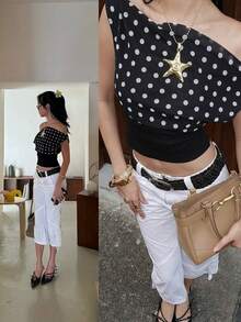 女士时尚波尔卡圆点露背系带上衣，罗纹针织面料，仿抽绳，休闲和派对装 - 黑色 - 查看 4