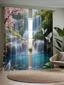 2片装自然风格瀑布森林景观半遮光窗帘，聚酯纤维材质，带杆袋，现代风格，可机洗，适用于卧室及其他多个房间 - 多色4 - 查看 7