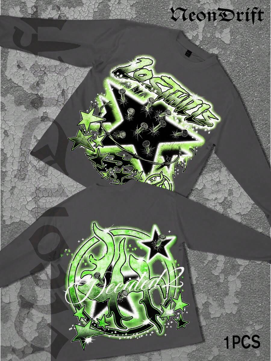 NeonDrift Double-Sided Printing Halloween, Christmas, Thanksgiving Gifts-Glowing Neon Graffiti T-Shirt - Vibrant Green Design For Urban Streetwear Enthusiasts, Perfect For Festivals And Nightlife,  Graphic Tee With Bold Artwork - Màu xám đen - Xem 1