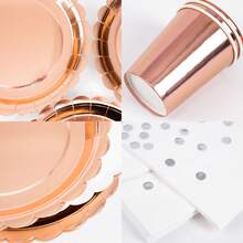 Rose Gold Petal Shaped Disposable Plate, Napkin, Cup Set, Plates, Napkins And Cups Party Supplies, Serves 10 Guests, Disposable Paper Plates Party Tableware Suitable For Birthday, Wedding, Party, Family Picnic - Multicolor - View 3