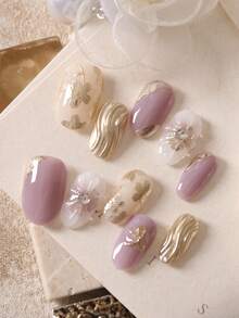 10 Stücke Aufklebe-Nägel, Kunstnägel in Halation Braun Weiß Golden, minimalistisch für Büro und Alltag, Künstliche Nägel Set beinhaltet 1 Stück Blatt Klebestreifen & 1 Stück Mini Feile