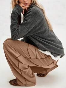 Women's Casual Cylinder Pants Wide Leg Casual Drawstring Sweatpants With Pockets - Màu kaki sẫm - Xem 4