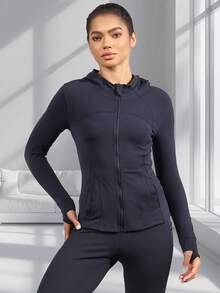 Women's Hooded Long Sleeve Sports Jacket With Thumbholes With Pockets, Breathable Athletic Casual Pullover, Sportswear, Fitness Clothing, Yoga Jacket, Fitness Clothing, Long Sleeve Cycling Sweatshirt, Women's Outdoor Sports Running Tops, Women's Yoga Hoodie Suitable For Running, Fitness, Yoga, Everyday Leisure - 藏蓝色 - 查看 4