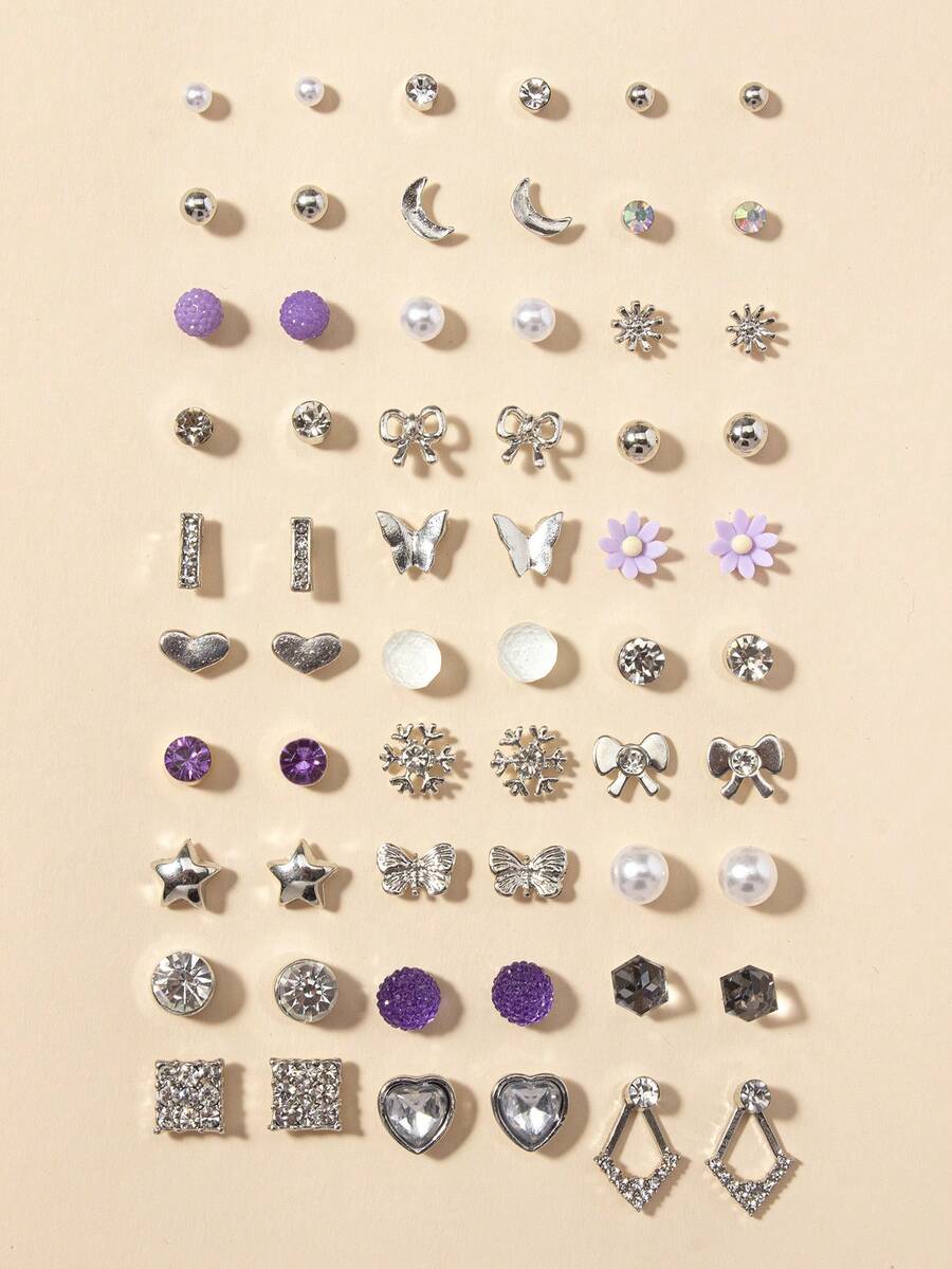 30 Pairs Elegant Butterfly & Snowflake Faux Pearl Metal Rhinestone Stud Earrings Set, Fashionable For Daily Casual Wear, Holiday Gift
