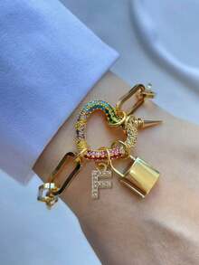 1件 STYLEVER 金色 A-Z 字母手链，彩色钻石心形扣链，白色钻石手链，不锈钢链，圣诞节礼物，万圣节礼物 - 金黃色 - 查看 12