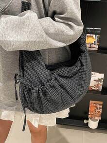 日式格子单肩包，时尚褶皱蝴蝶结拉链斜挎包，学生轻便可折叠布包，适合购物、日常通勤，新月形包 - 彩色 - 查看 5