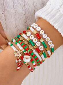 8pcs/Set Christmas Snowflake, Santa Claus, Heart, Star Beaded Bracelet Set, Colorful Beads "MERRY" Letter Charm, Suitable For Christmas Party, Daily Wear, Special Gift For Women - 多色 2 - 查看 8
