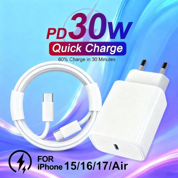 Conjunto de Adaptador de Carregamento Rápido de 30W: 1 X Adaptador de Carregador de 30W + 1 X Cabo Tipo-C para Tipo-C de Alta Eficiência de 3,3 pés/100 cm, Compatível com iPhone 17 15 16 Pro Max, Adequado para Viagem, Escritório, Dormitório e Casa