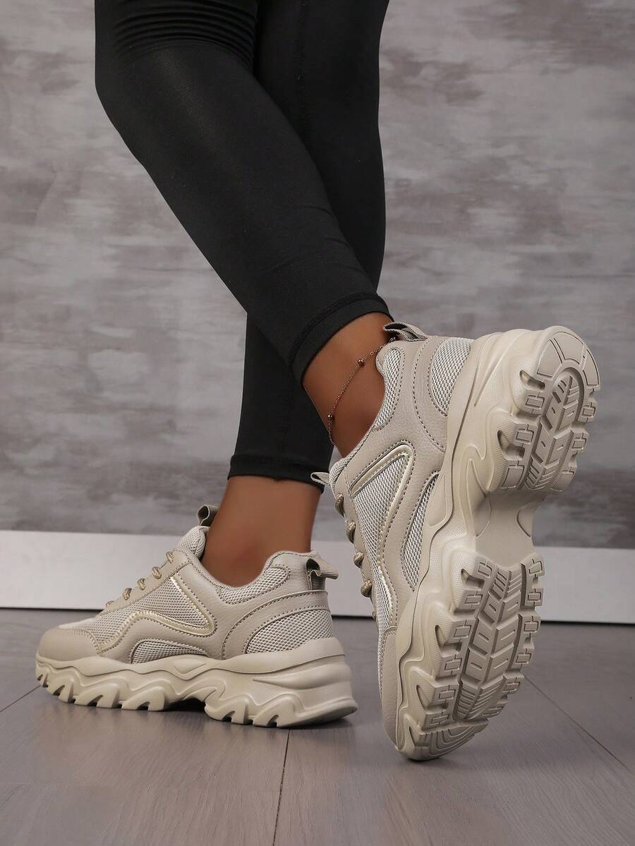 1 Pair Women's Contrast Color Lace-Up Sporty Fabric Chunky Sneakers, Outdoor Running Shoes, Fashionable & Versatile, All Season - Champagne - View 1