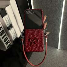 Luxury Burgundy Crocodile Texture 3D Bow Phone Case With Portable Lanyard, Compatible With Samsung Galaxy Z Flip 5/6/Z Flip 6/ZFlip 7, Shockproof Back Cover - 酒紅色 - 查看 2