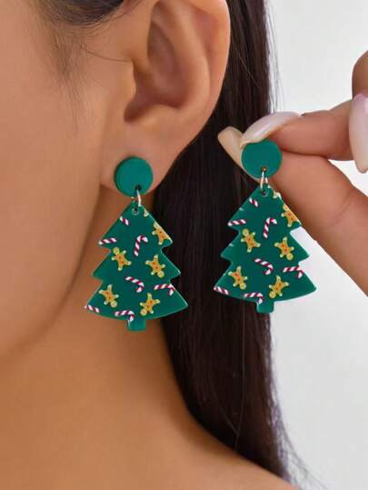 زوج من أقراط الأذن ذات الطبعة الكرتونية الأبعاد لشجرة عيد الميلاد والبسكويت، مناسبة للارتداء اليومي والمناسبات والهدايا