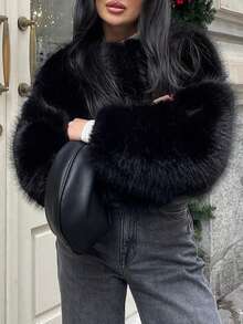 女式圆领宽松短款仿皮草时尚休闲夹克 - 黑色 - 查看 4