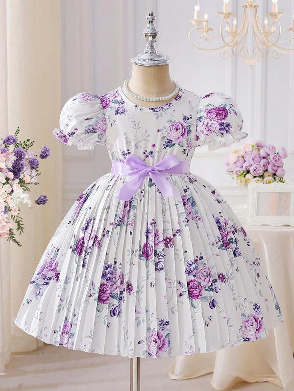Summer Girls Elegant Dress, Purple Floral All-Over Print, Puff Sleeves, Keyhole Back With Tie, Cute Sweet Pleated Princess Party Dress, Suitable For Party, Wedding, Gift